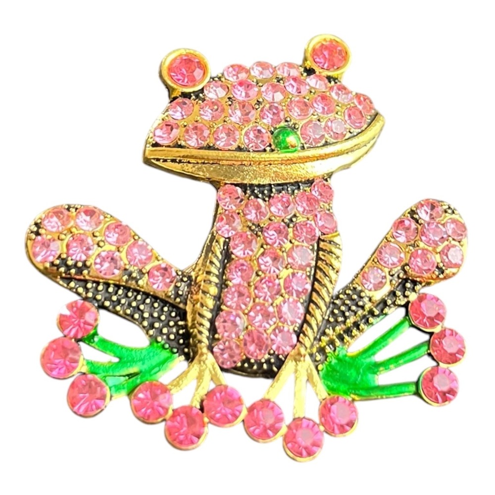 Sparkling Pink Rhinestone Frog Brooch Pin Gold Tone Enamel 1.75" Animal Jewelry